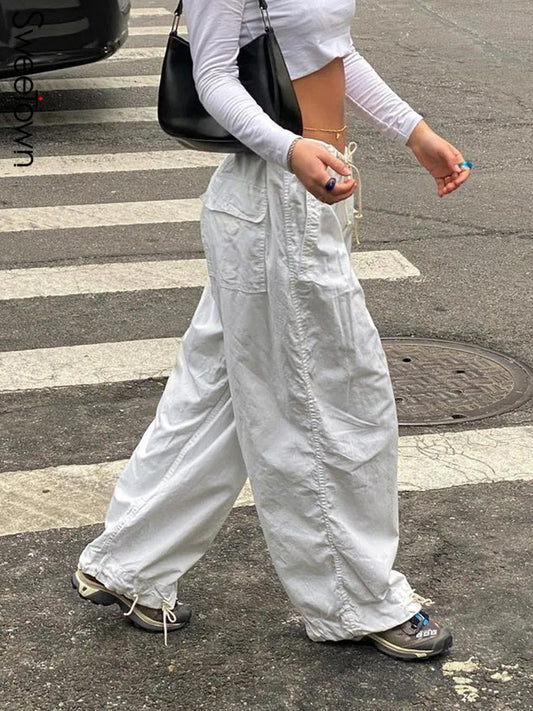 Sweetown Casual Baggy Wide Leg Sweatpants White Loose Drawstring Low Waist Streetwear Cargo Pants Womens Hippie Joggers Trousers