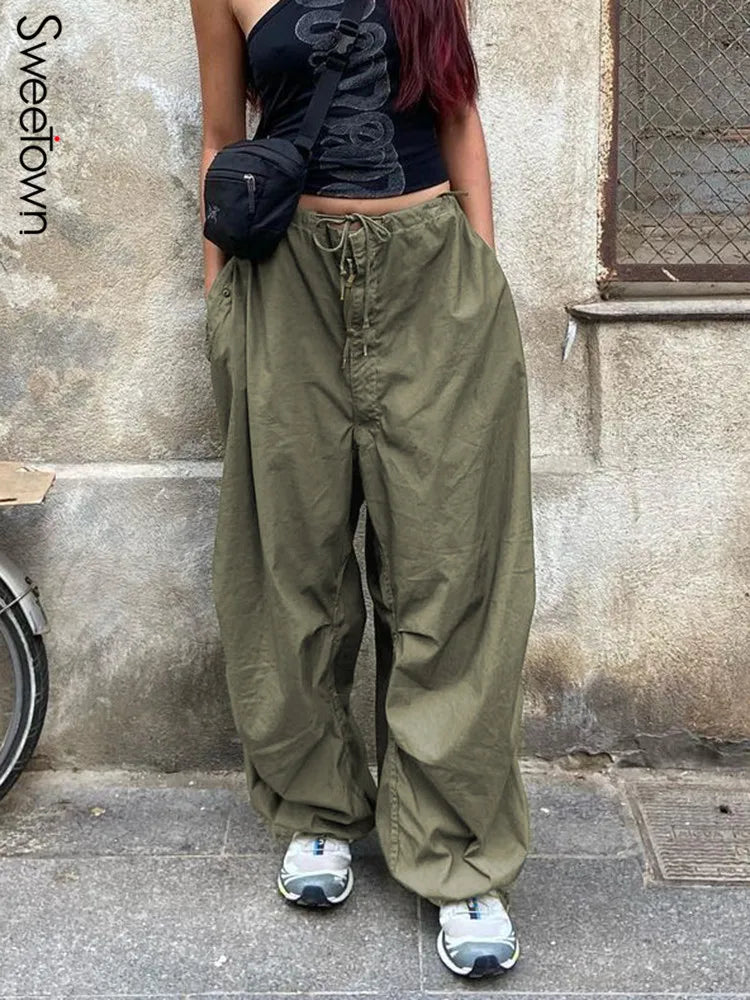 Sweetown Casual Baggy Wide Leg Sweatpants White Loose Drawstring Low Waist Streetwear Cargo Pants Womens Hippie Joggers Trousers