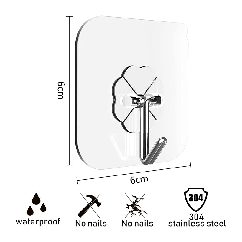 10PCS Transparent Stainless Steel Strong Self Adhesive Hooks Key Storage Hanger for Kitchen Bathroom Door Wall Multi-Function