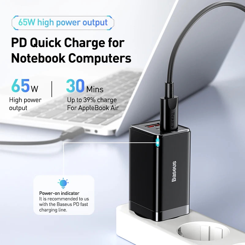 Baseus 65W GaN Charger Quick Charge 4.0 Type C PD USB Charger with QC 4.0 3.0 Portable Fast Charger For Laptop iPhone 15 14 13